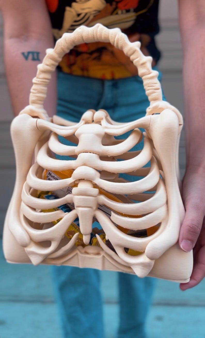3D printed Skeleton Bone Bag - Gothic - Halloween bone purse spooky ribcage bag